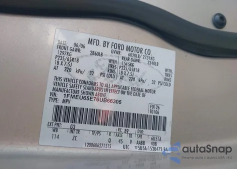 2006 Ford Explorer Limited z USA, uszkodzony, nr VIN 1FMEU65E76UB66305